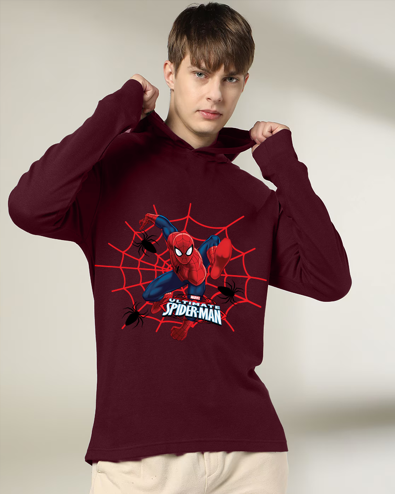 Maroon Hooded Spiderman Sleeve Round Neck Cotton blend Men's T-Shirt-FRONT
