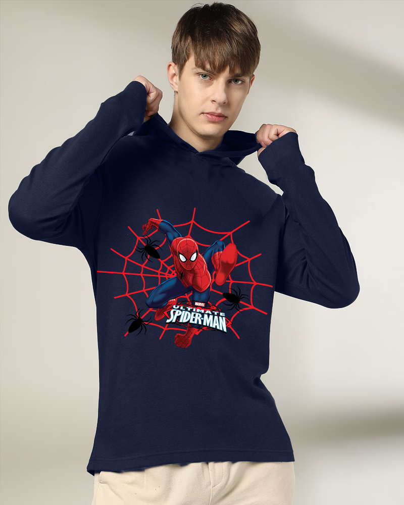 NAVY Hooded Spiderman Sleeve Round Neck Cotton blend Men's T-Shirt-FRONT