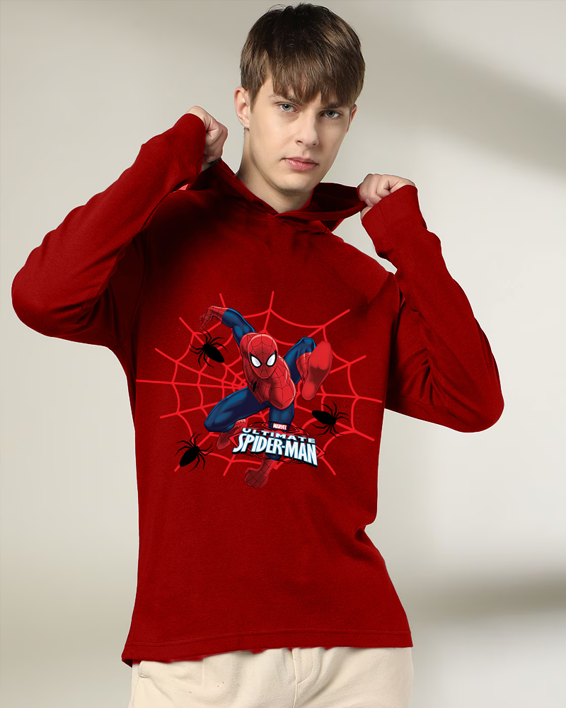 RED Hooded Spiderman Sleeve Round Neck Cotton blend Men's T-Shirt-FRONT
