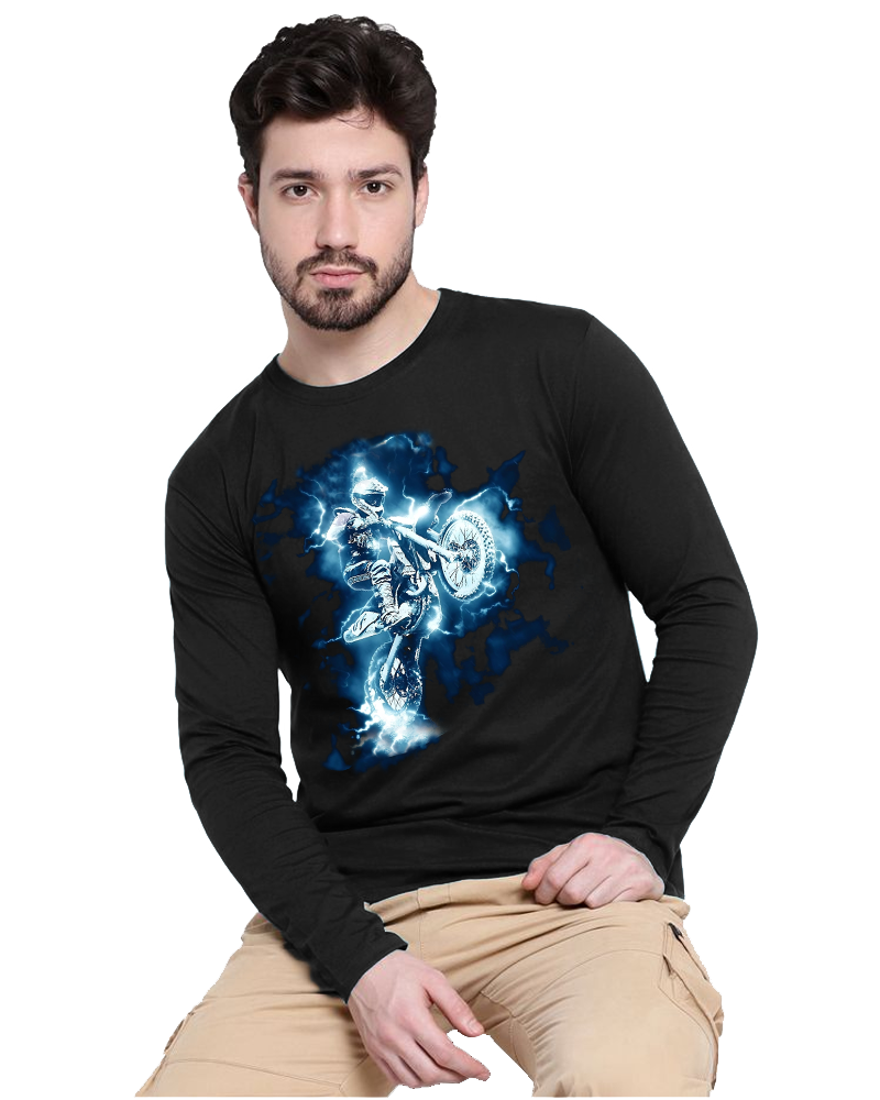 Black Full Bike Sleeve Round Neck Cotton blend Men's T-Shirt-FRONT