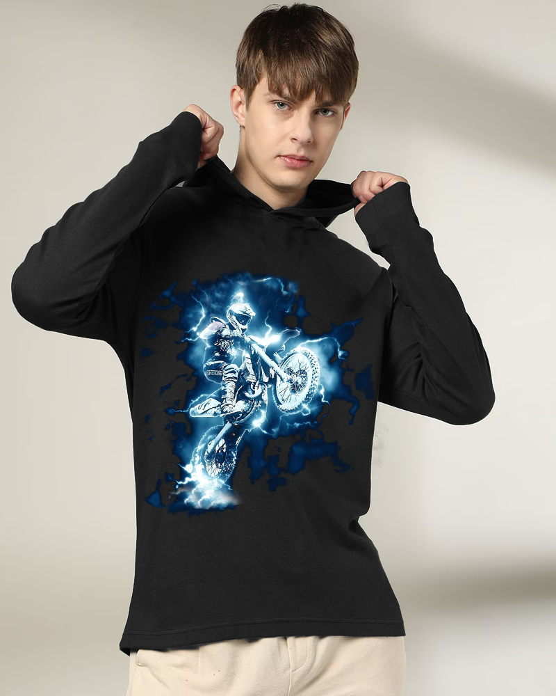 Black Hooded Bike Sleeve Round Neck Cotton blend Men's T-Shirt-FRONT