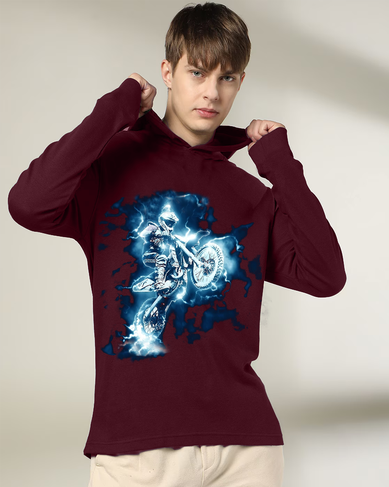 Maroon Hooded Bike Sleeve Round Neck Cotton blend Men's T-Shirt-FRONT