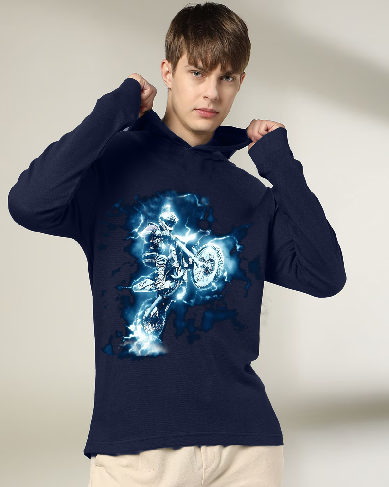 NAVY Hooded Bike Sleeve Round Neck Cotton blend Men's T-Shirt-FRONT