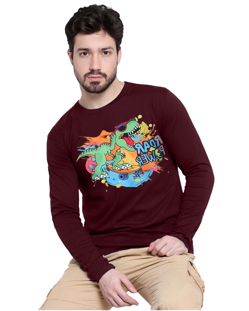 Maroon Full Dino Sleeve Round Neck Cotton blend Men's T-Shirt-FRONT