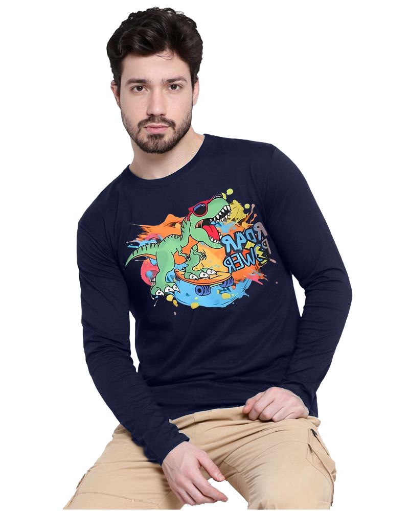 NAVY Full Dino Sleeve Round Neck Cotton blend Men's T-Shirt-FRONT