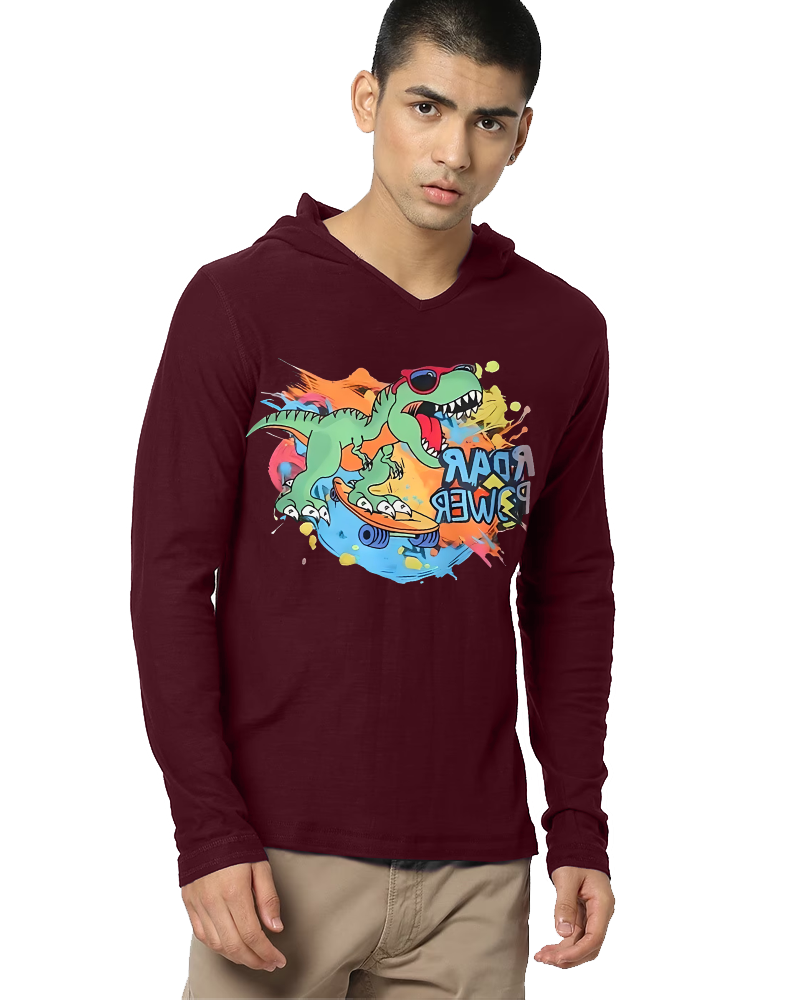 Maroon Hooded Dino Sleeve Round Neck Cotton blend Men's T-Shirt-FRONT