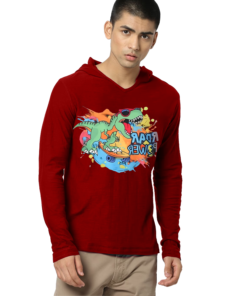 RED Hooded Dino Sleeve Round Neck Cotton blend Men's T-Shirt-FRONT