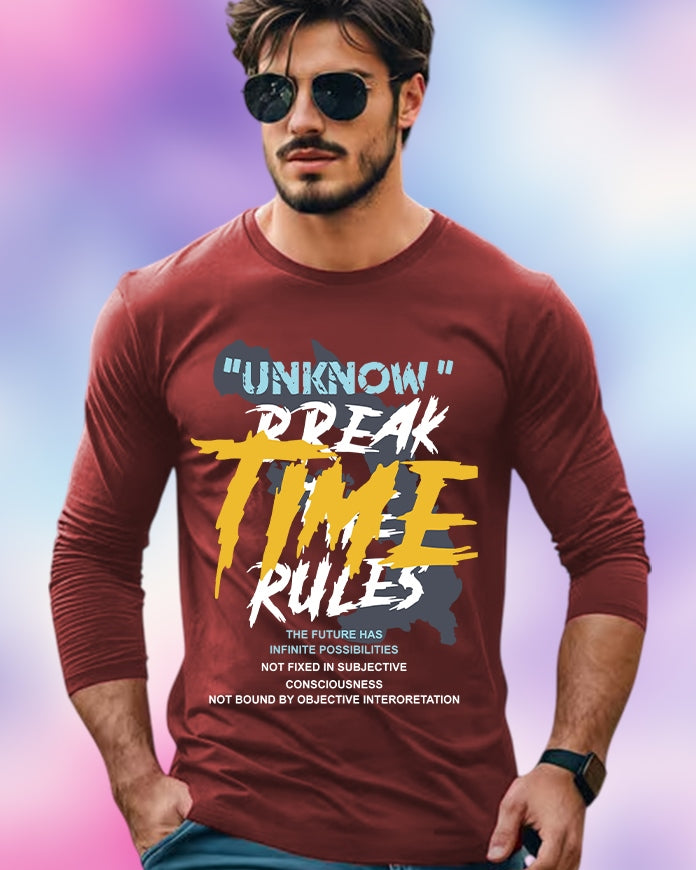 Maroon Full Sleeve Rules Sleeve Round Neck Cotton blend Men's T-Shirt-FRONT