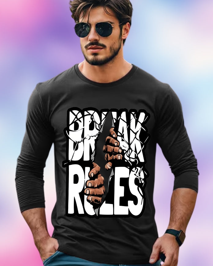 Black Full Sleeve Break Rules Sleeve Round Neck Cotton blend Men's T-Shirt-FRONT