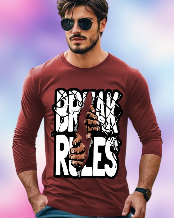 Maroon Full Sleeve Break Rules Sleeve Round Neck Cotton blend Men's T-Shirt-FRONT