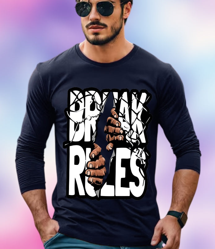 NAVY Full Sleeve Break Rules Sleeve Round Neck Cotton blend Men's T-Shirt-FRONT