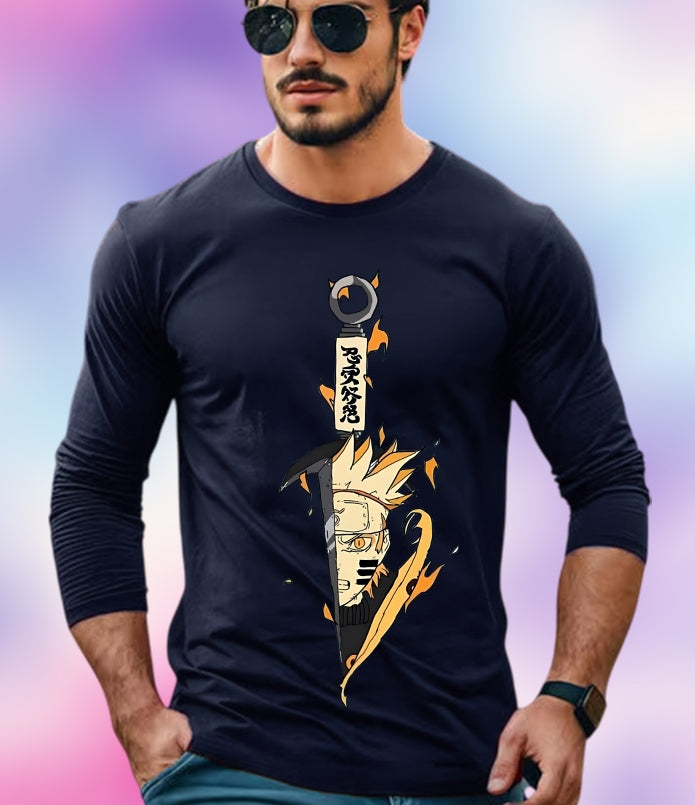 NAVY Full Sleeve Naruto Sleeve Round Neck Cotton blend Men's T-Shirt-FRONT