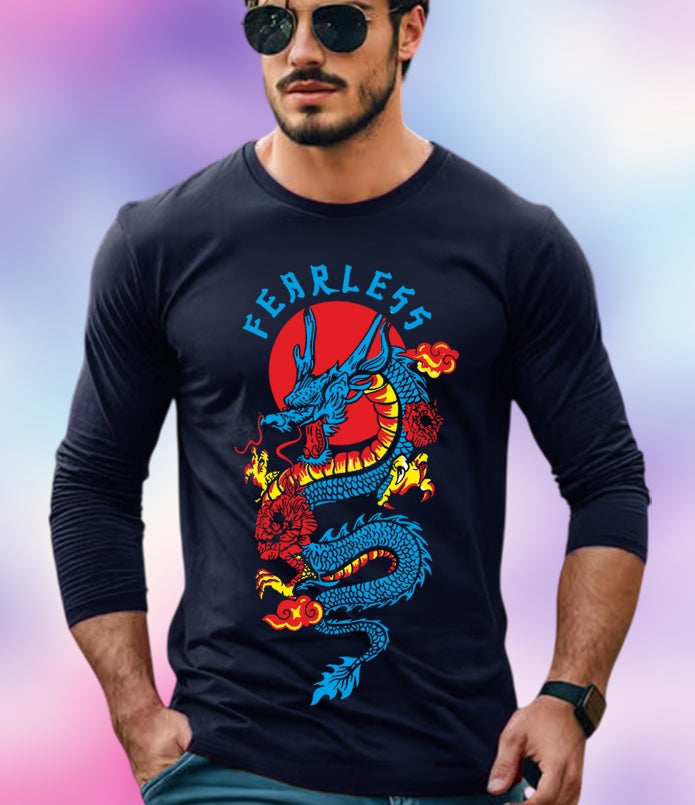 NAVY Full Sleeve Dragon Sleeve Round Neck Cotton blend Men's T-Shirt-FRONT