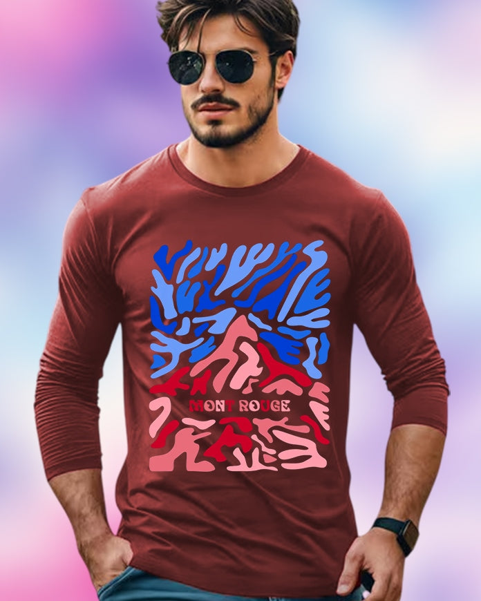 Maroon Full Sleeve Mountain Sleeve Round Neck Cotton blend Men's T-Shirt-FRONT