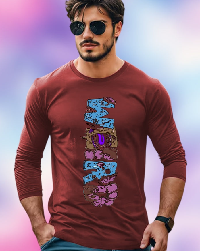 Maroon Full Sleeve Weird Sleeve Round Neck Cotton blend Men's T-Shirt-FRONT