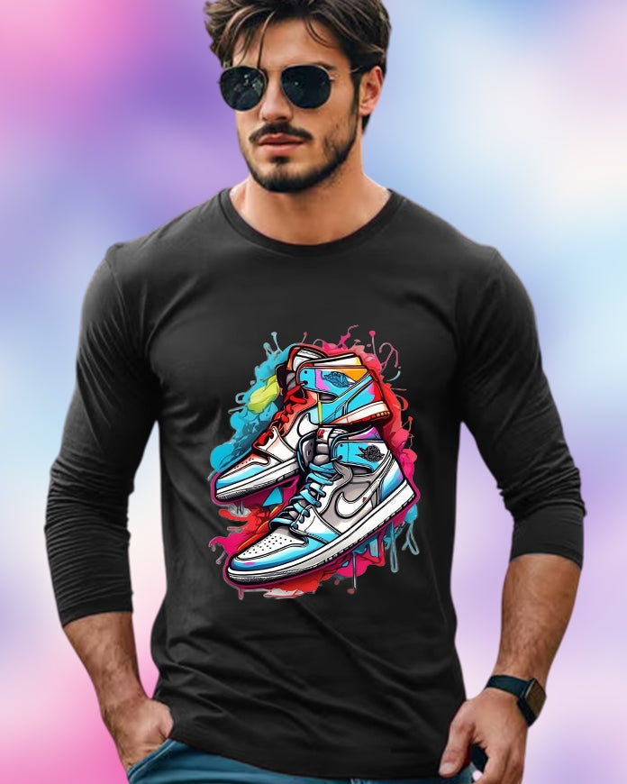 Black Full Sleeve Shoe Sleeve Round Neck Cotton blend Men's T-Shirt-FRONT