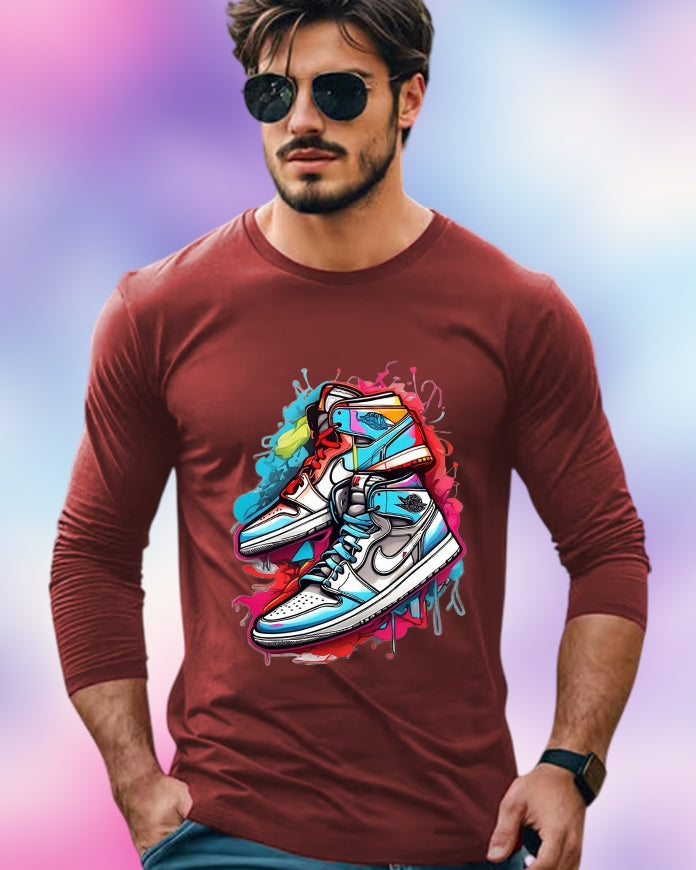 Maroon Full Sleeve Shoe Sleeve Round Neck Cotton blend Men's T-Shirt-FRONT