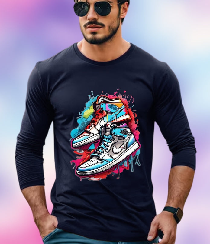 NAVY Full Sleeve Shoe Sleeve Round Neck Cotton blend Men's T-Shirt-FRONT