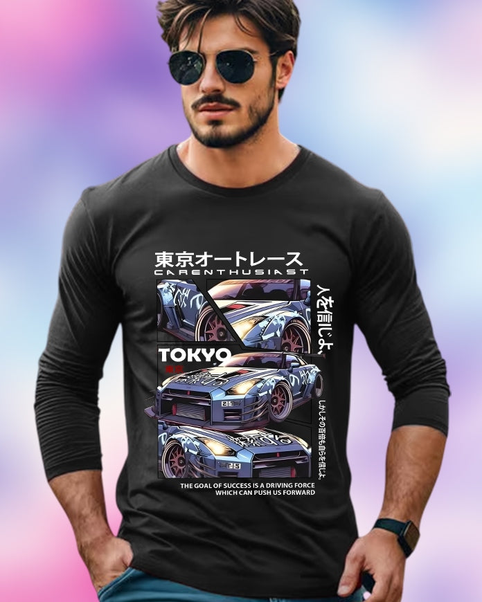 Black Full Sleeve Tokyo Sleeve Round Neck Cotton blend Men's T-Shirt-FRONT