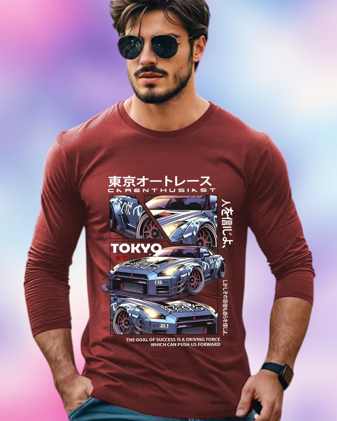 Maroon Full Sleeve Tokyo Sleeve Round Neck Cotton blend Men's T-Shirt-FRONT