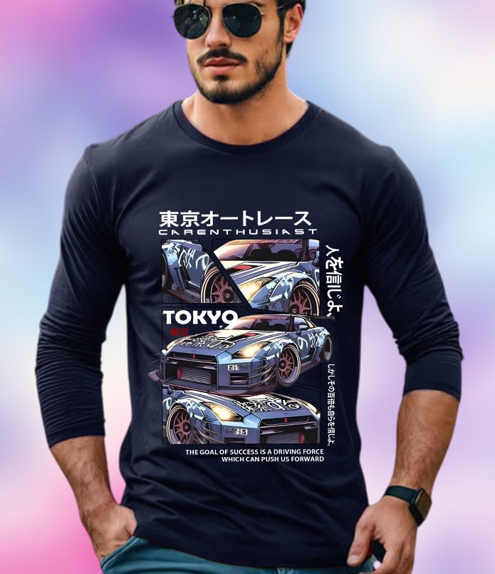 NAVY Full Sleeve Tokyo Sleeve Round Neck Cotton blend Men's T-Shirt-FRONT