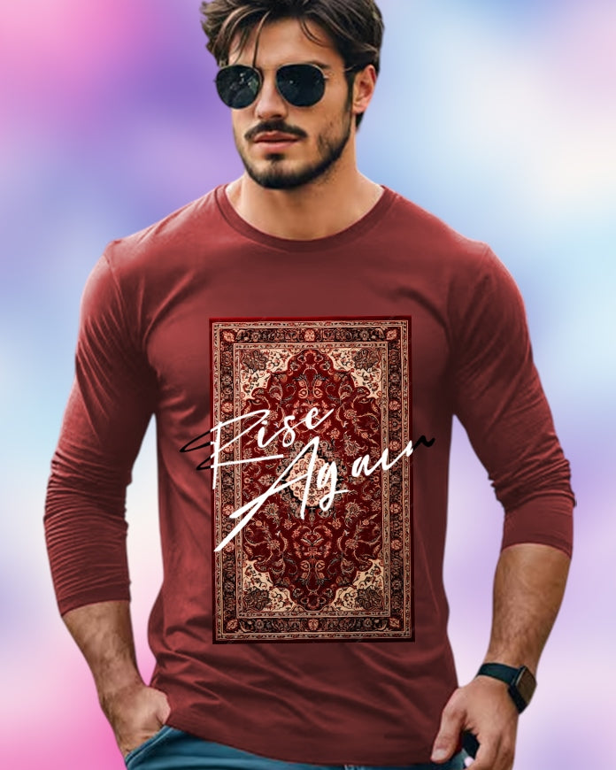 Maroon Full Sleeve Rise Sleeve Round Neck Cotton blend Men's T-Shirt-FRONT