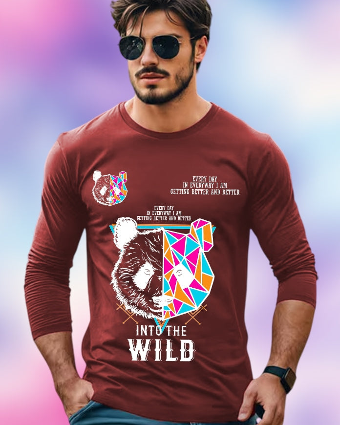 Maroon Full Sleeve Wild Sleeve Round Neck Cotton blend Men's T-Shirt-FRONT