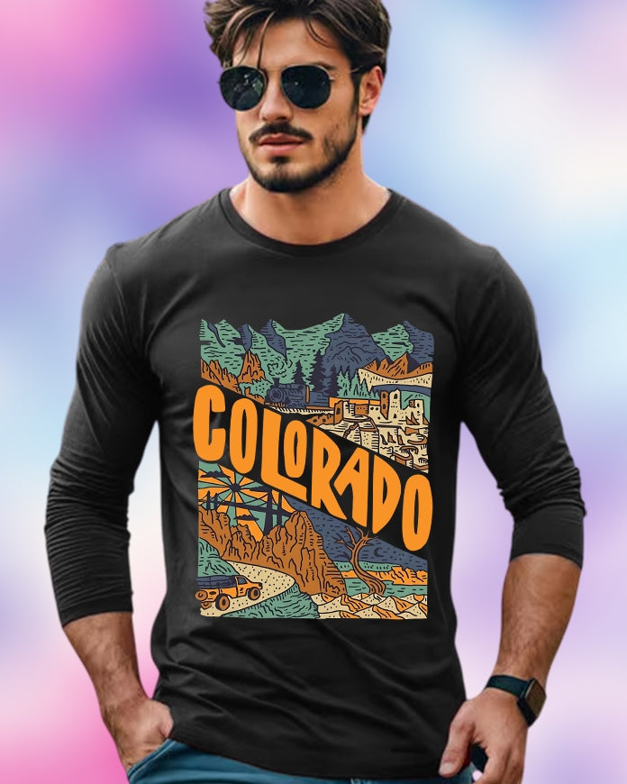 Black Full Sleeve Colorado Sleeve Round Neck Cotton blend Men's T-Shirt-FRONT
