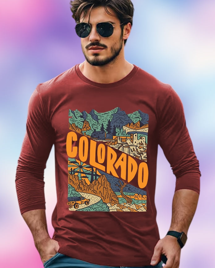 Maroon Full Sleeve Colorado Sleeve Round Neck Cotton blend Men's T-Shirt-FRONT