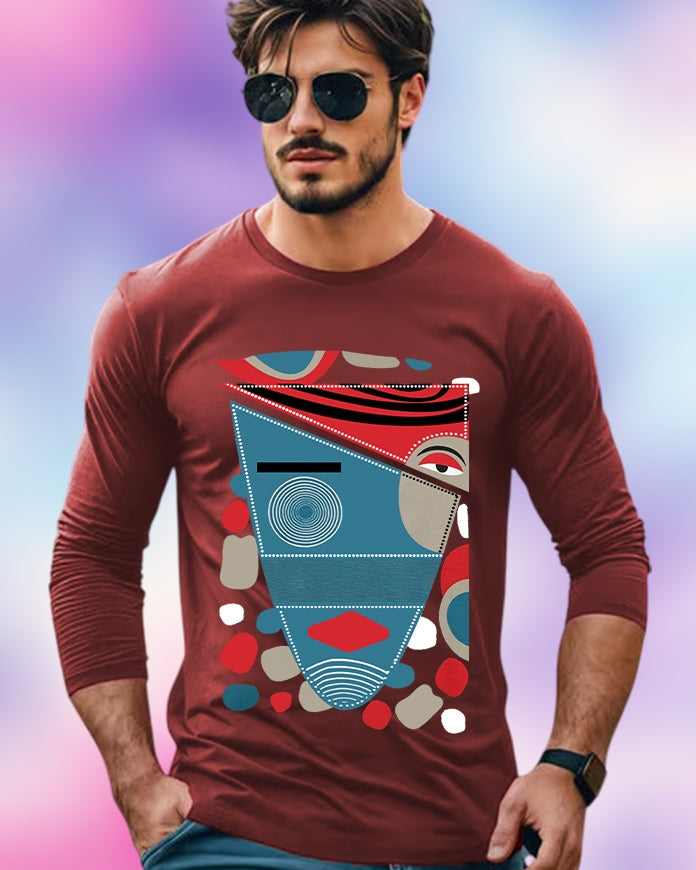 Maroon Full Sleeve Tiles Sleeve Round Neck Cotton blend Men's T-Shirt-FRONT