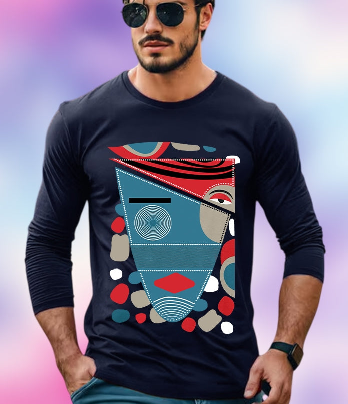 NAVY Full Sleeve Tiles Sleeve Round Neck Cotton blend Men's T-Shirt-FRONT