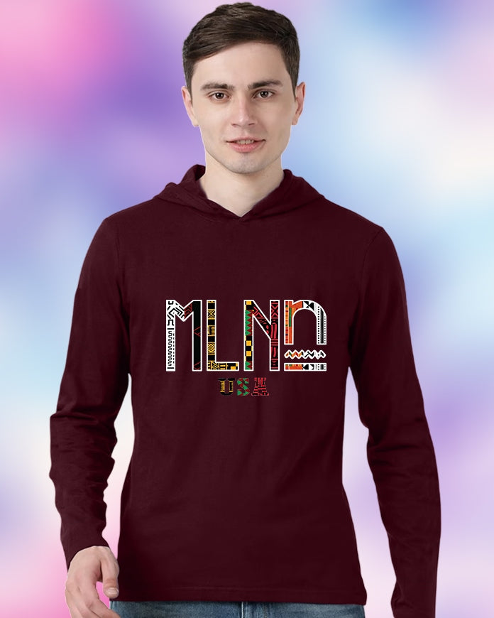 Maroon Hooded MLNO Sleeve Round Neck Cotton blend Men's T-Shirt-FRONT
