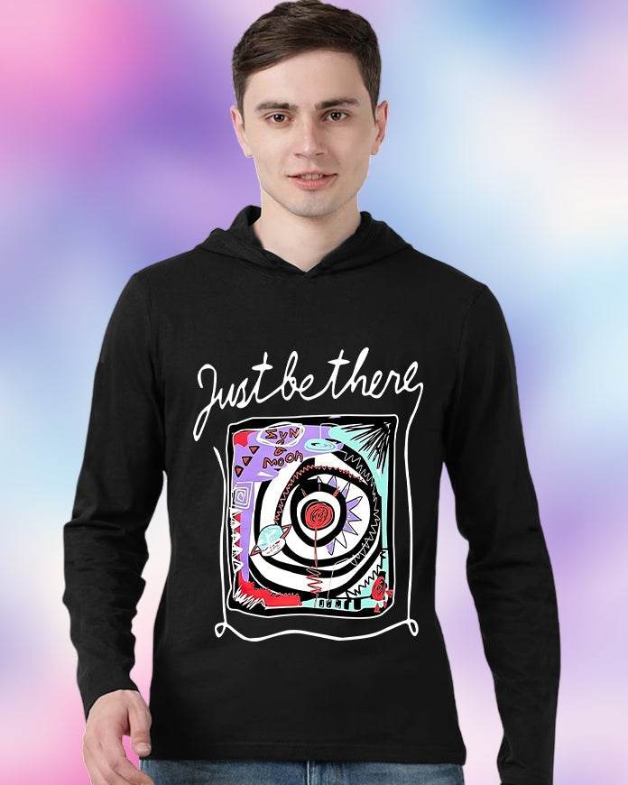 Black Hooded Just be there Sleeve Round Neck Cotton blend Men's T-Shirt-FRONT