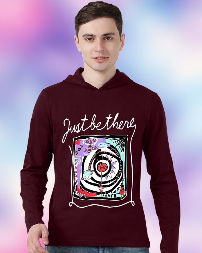 Maroon Hooded Just be there Sleeve Round Neck Cotton blend Men's T-Shirt-FRONT