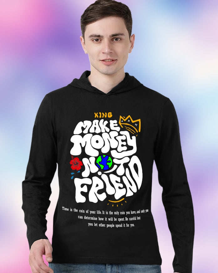 Black Hooded Make Money Sleeve Round Neck Cotton blend Men's T-Shirt-FRONT
