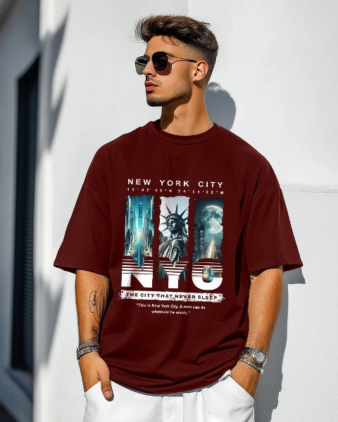 Trendy Maroon Crepe Men's T-Shirt with Five Sleeves-FRONT