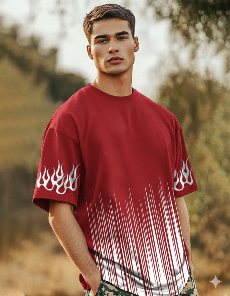 #color_Red Man wearing a red t-shirt with white flame designs outdoors