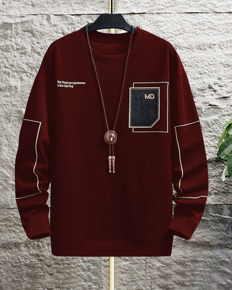 Trendy Maroon Crepe Men's T-Shirt with FULL Sleeves-FRONT