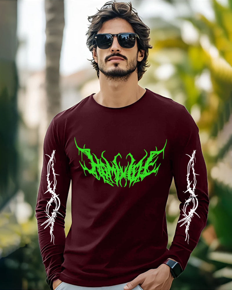 Maroon Full Full Sleeve Round Neck Cotton blend Men's T-Shirt-FRONT