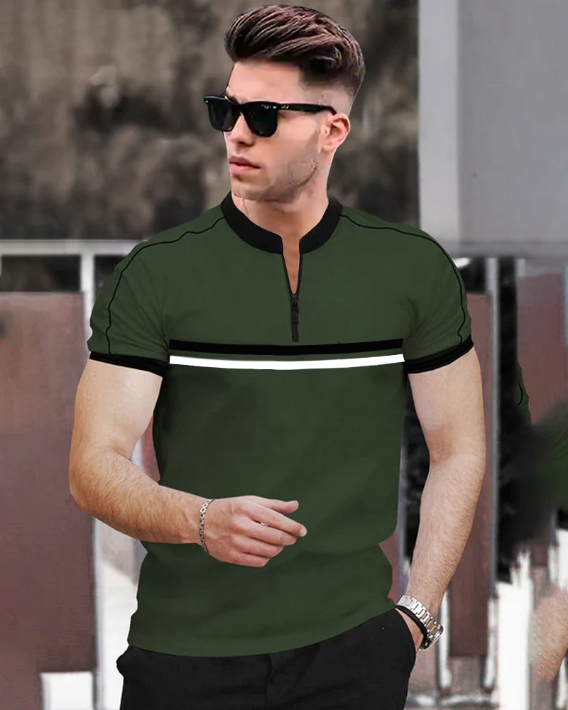 Stripes Green Half Zippered Mandarin Men's Half Sleeve T-Shirt-FRONT