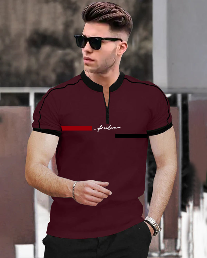 Freedom Maroon Half Zippered Mandarin Half Sleeve Men's T-Shirt-FRONT