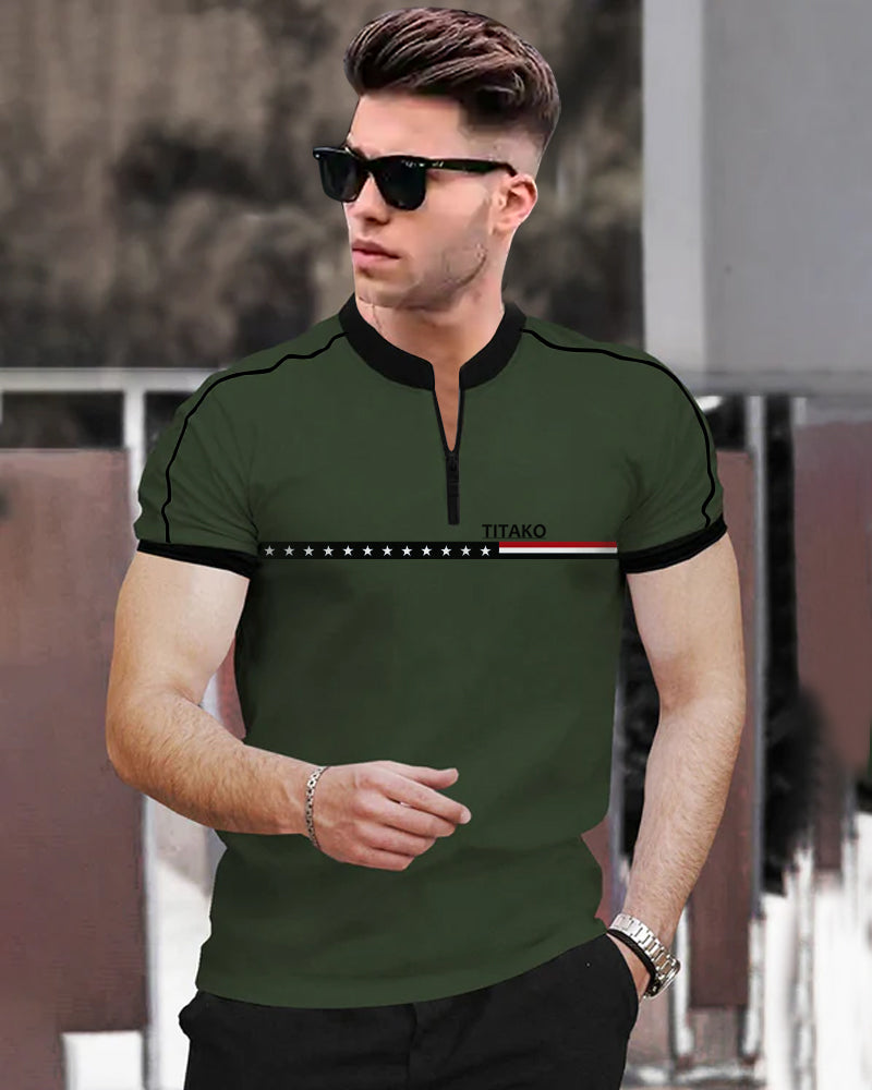 Titako Green Half Zippered Mandarin Men's Half Sleeve T-Shirt-FRONT