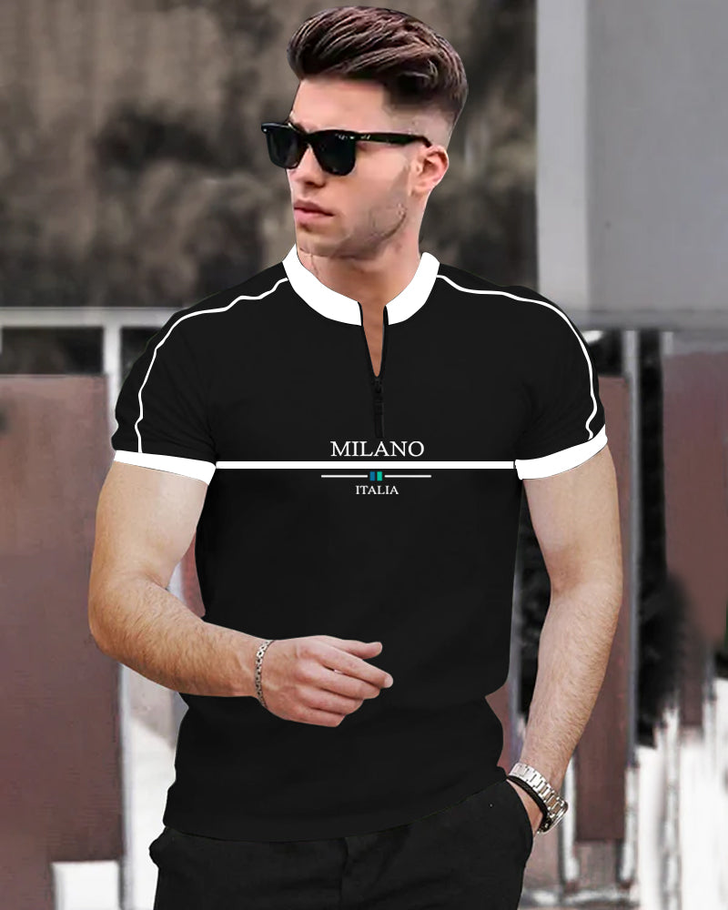 milano Black Half Zippered Mandarin Half Sleeve Men's T-Shirt-FRONT
