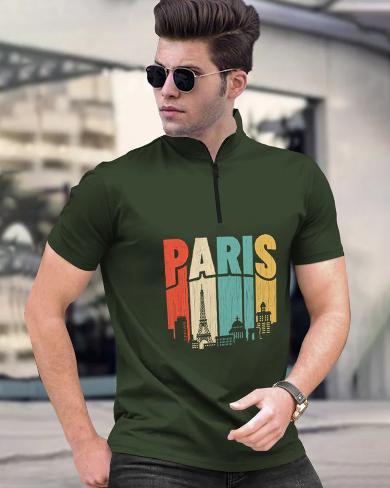 Paris Green Half Zippered High Neck Men's Half Sleeve T-Shirt-FRONT