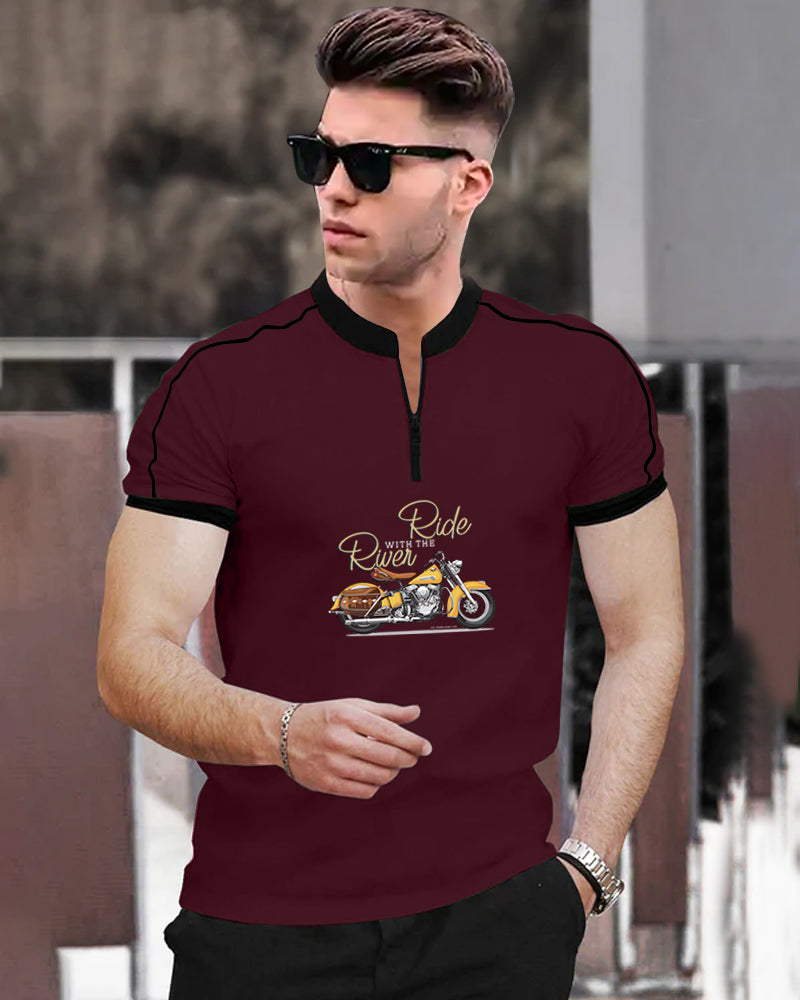Ride with the River Maroon Half Zippered Mandarin Half Sleeve Men's T-Shirt-FRONT