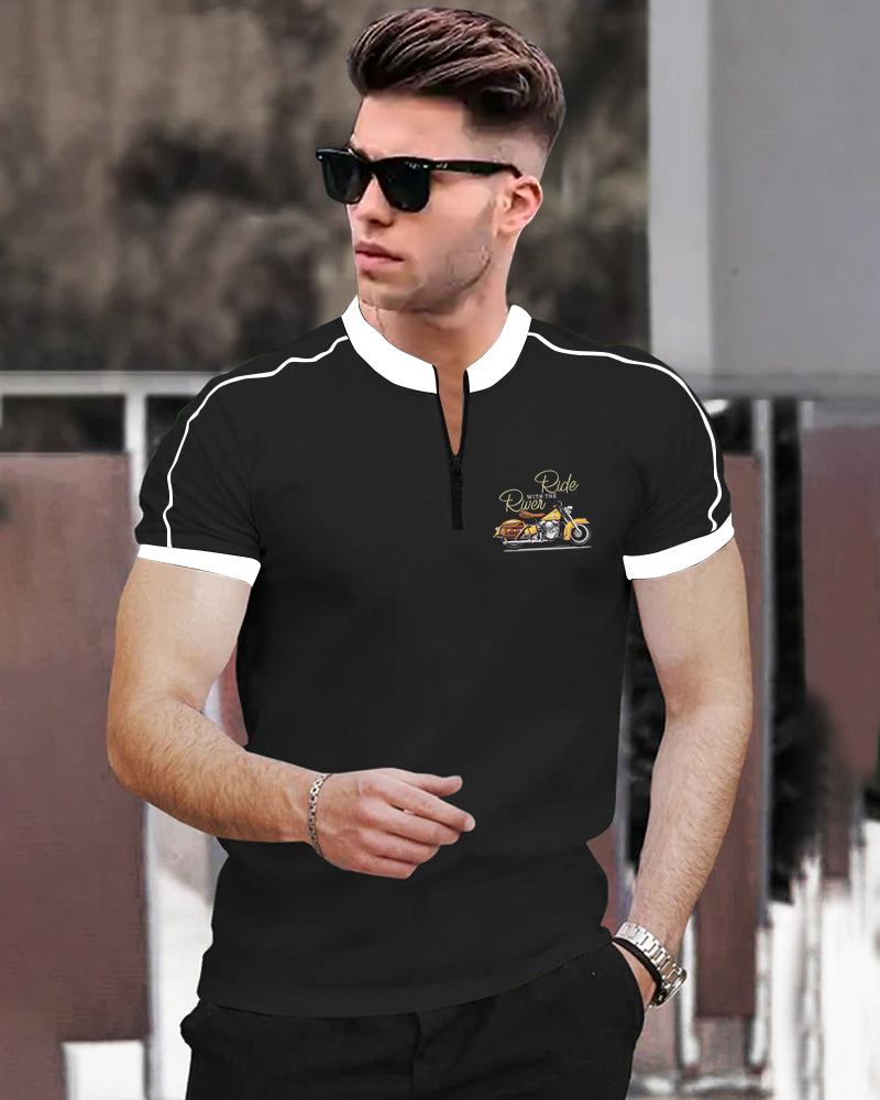 River Black Half Zippered Mandarin Half Sleeve Men's T-Shirt-FRONT