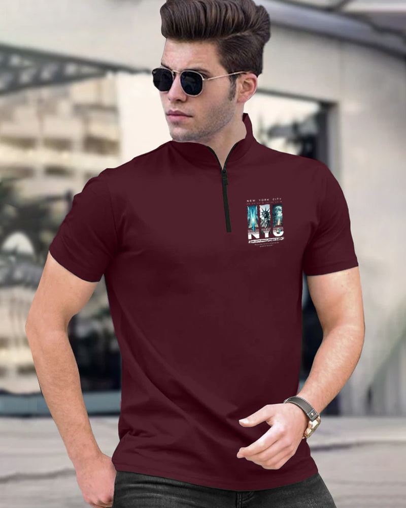 NYC Small small Maroon Half Zippered High Neck Small Sleeve Men's T-Shirt-FRONT