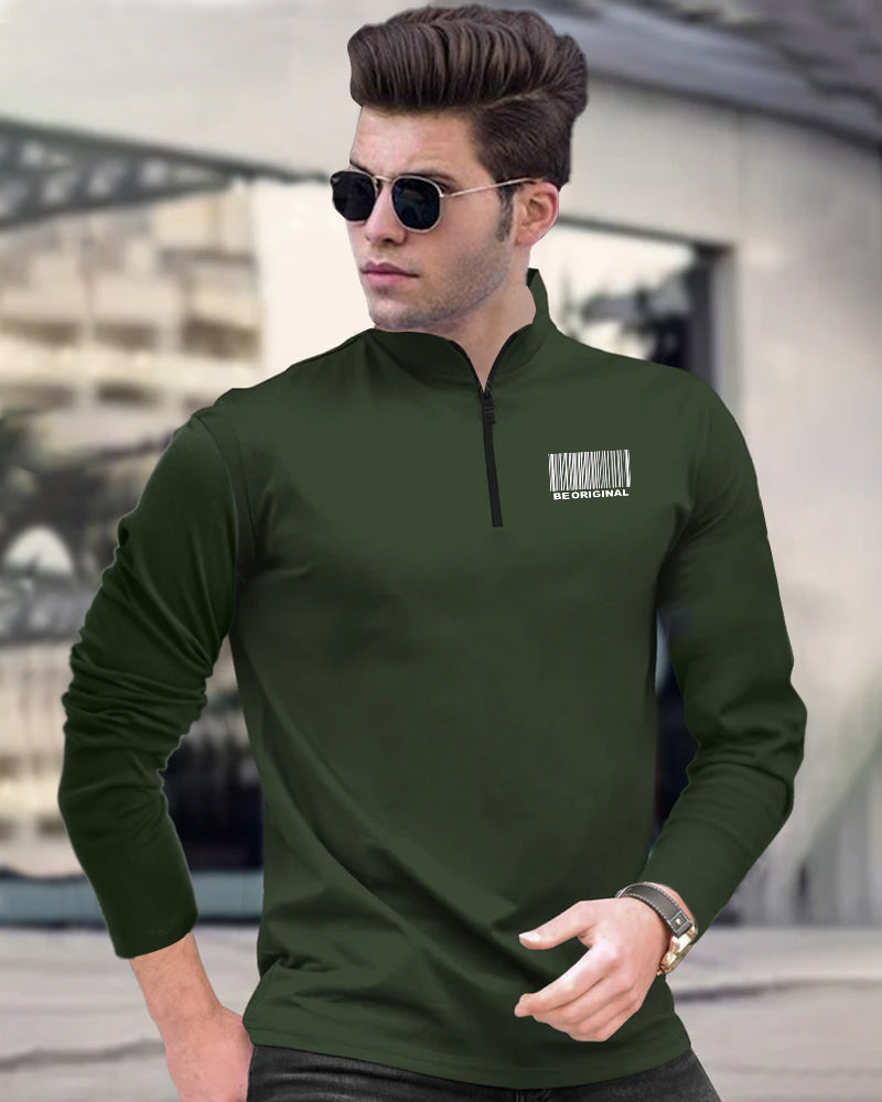Be Original Green Half Zippered High Neck Men's Full Sleeve T-Shirt-FRONT