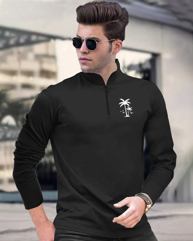 Palm Black Half Zippered High Neck Full Sleeve Men's T-Shirt-FRONT