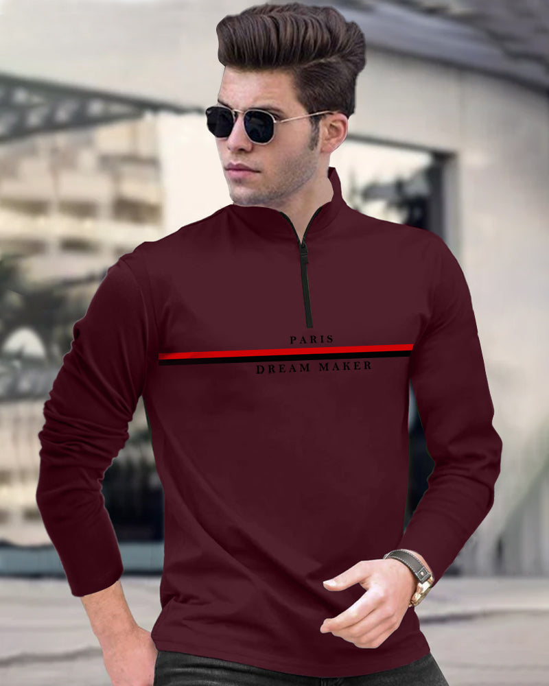 Dream Maker Maroon Half Zippered High Neck Full Sleeve Men's T-Shirt-FRONT
